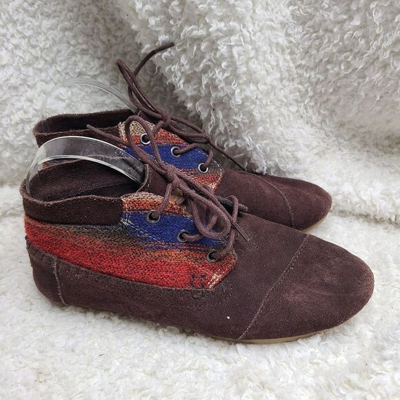 Toms Brown Suede Leather With Aztec Pattern Lace-up‎ Ankle Boots sz 8 - Picture 1 of 6